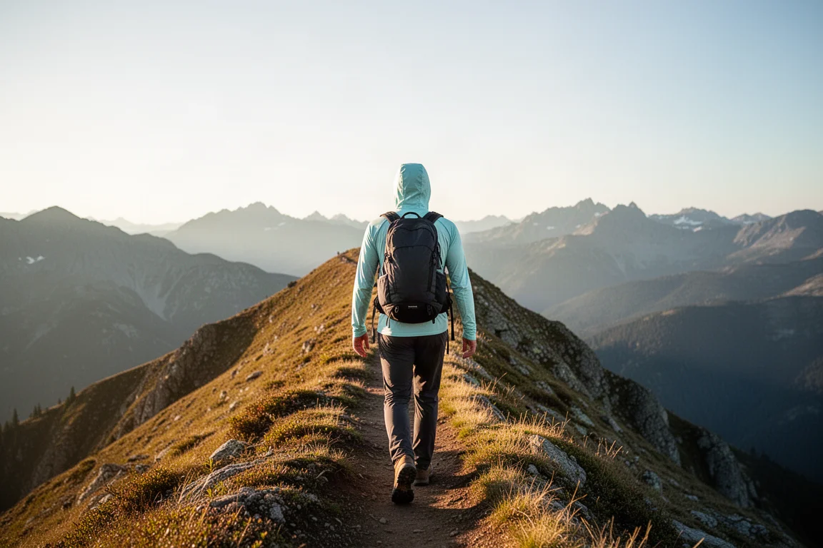 Wandelaar in een lichtgrijze sun hoodie loopt op een blootgesteld bergkampad in fel zonlicht