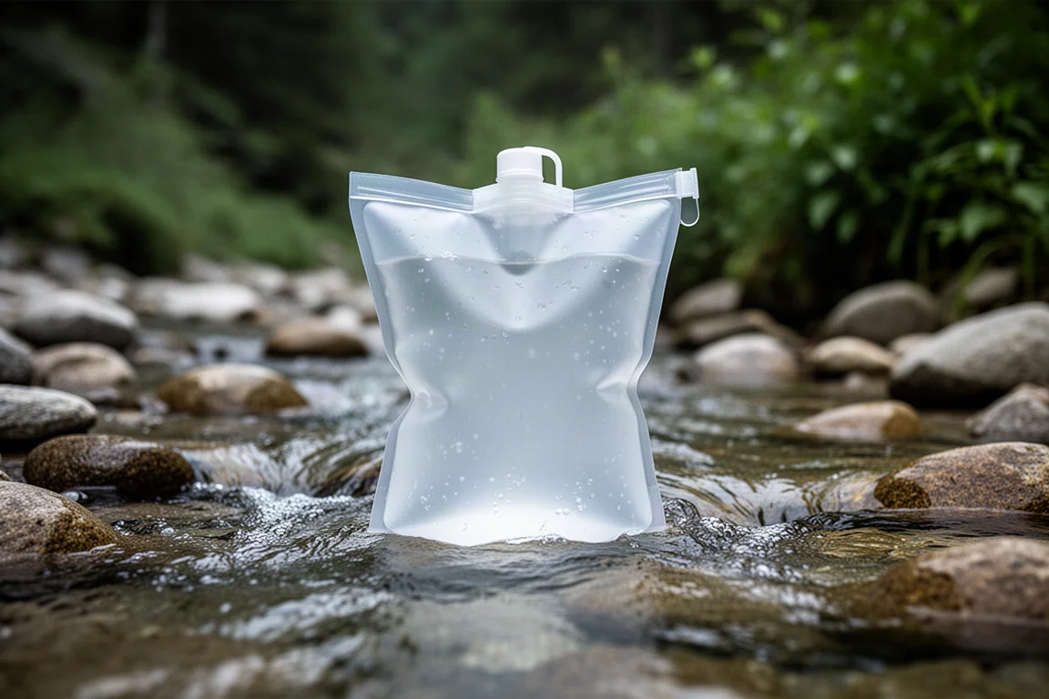 Halfdoorzichtige waterzak rust in het ondiepe water van een heldere bergbeek