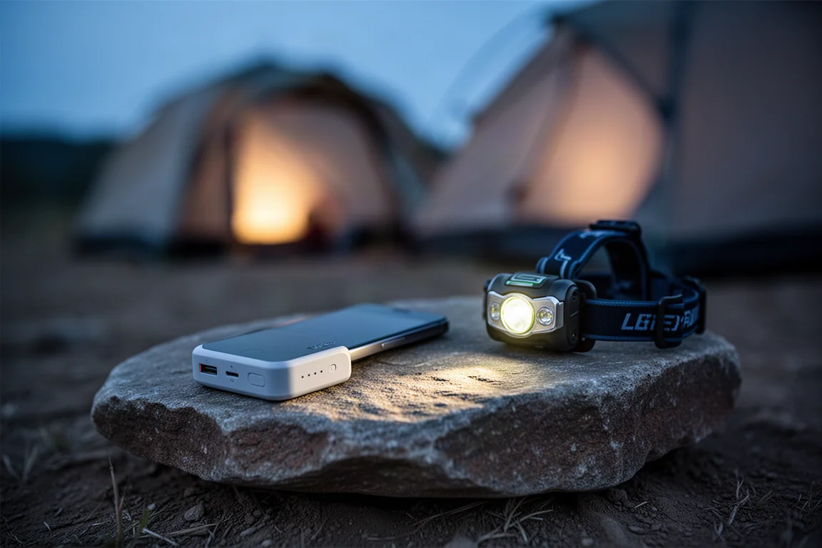 Flat-lay van backpackinguitrusting op een verweerde houten tafel met jas, pot, filter en powerbank