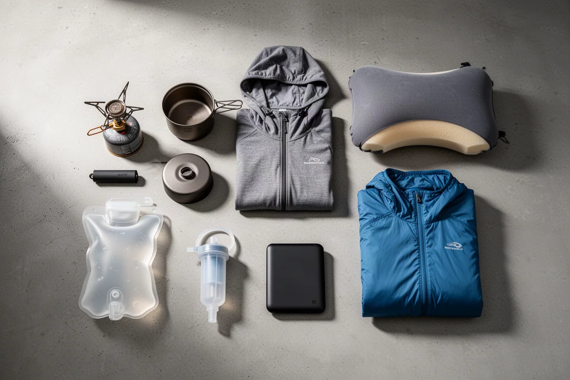 Flat-lay of backpacking gear including stove, pot, hoodie, pillow, filter and power bank