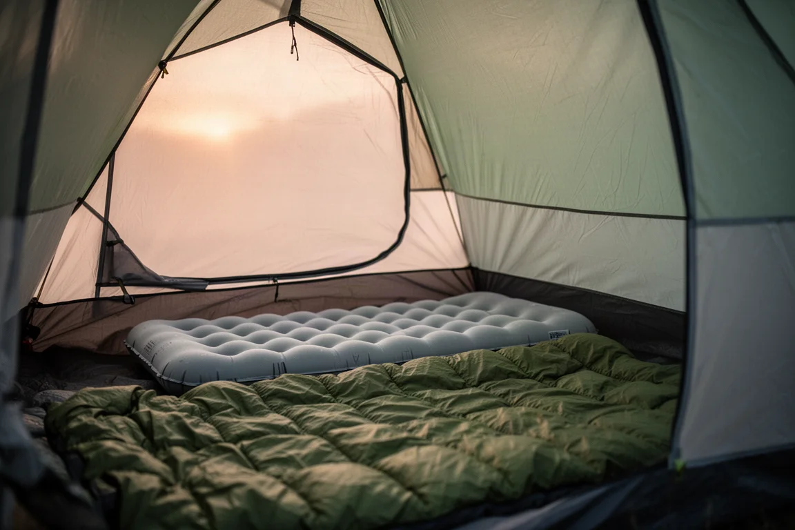 Interieur van een lichtgewicht backpacking tent bij zonsopgang met slaapmat en quilt
