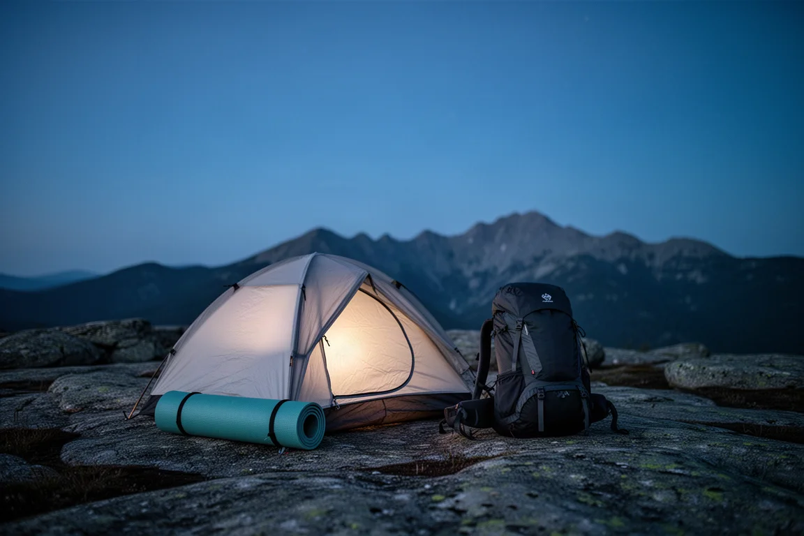 Minimalistische backcountry camping op het blauwe uur met een gloeiende tent en opgerolde mat