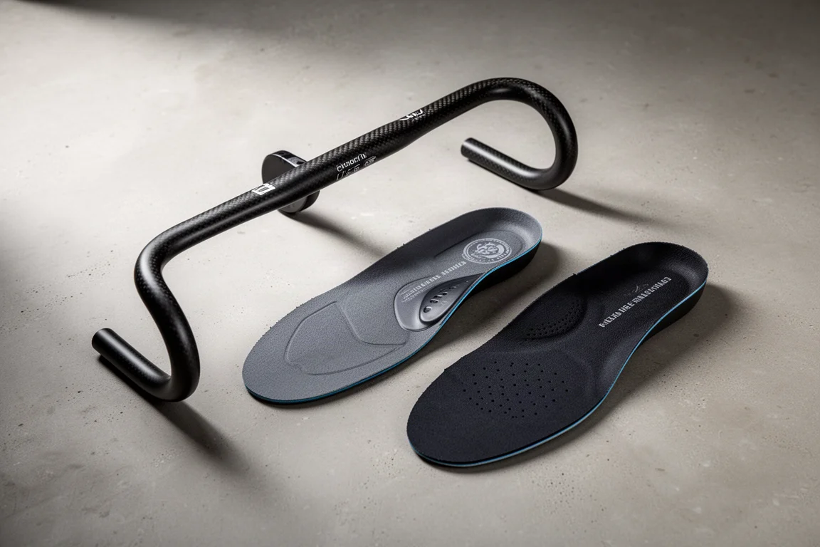 Cycling handlebar and two pairs of arch support insoles arranged on a concrete surface