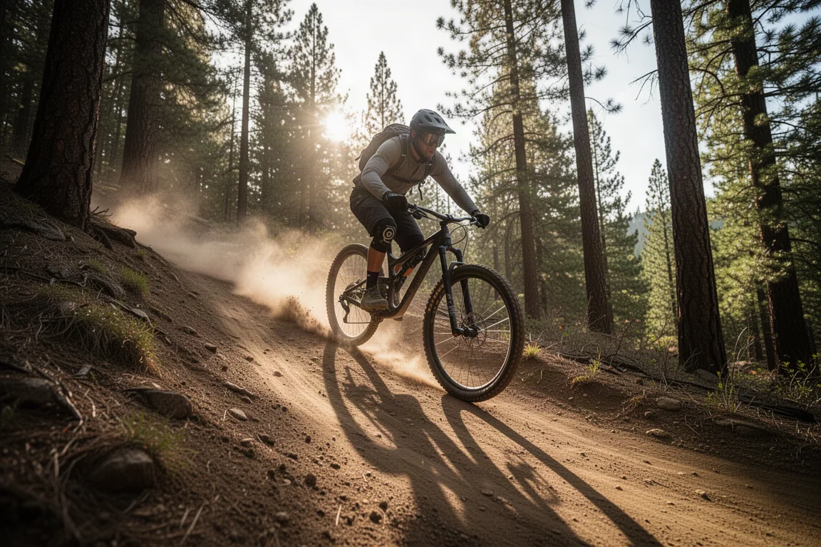 Ciclista de mountain bike subindo uma trilha singletrack rochosa e empoeirada sob a luz baixa da manhã
