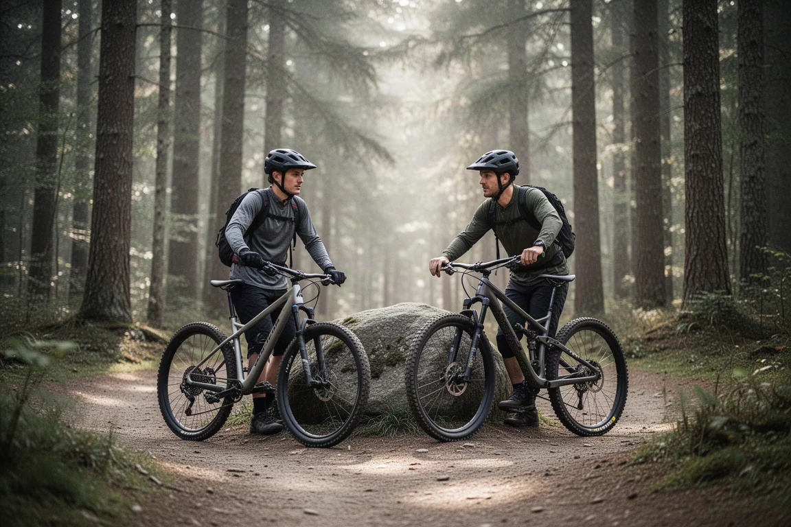 Close-up de um quadro de mountain bike de carbono e pedivela sobre uma superfície neutra