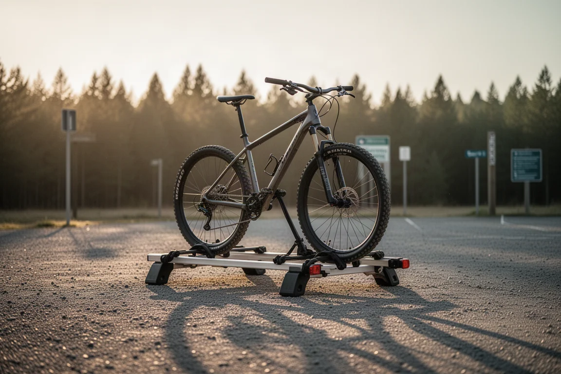 Três mountain bikes encostadas em uma parede de concreto no início de uma trilha ao amanhecer