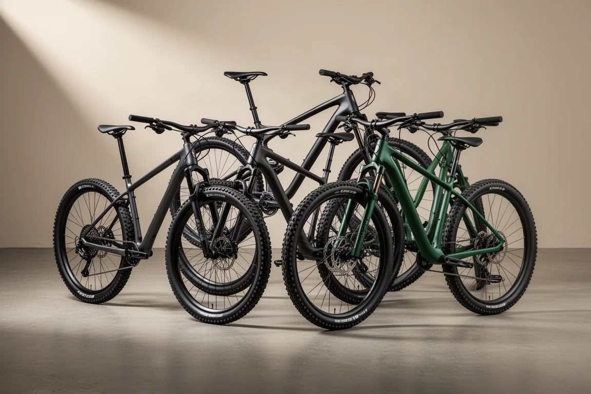 Drie crosscountry mountainbikes op een rij op een betonnen ondergrond in studiolicht