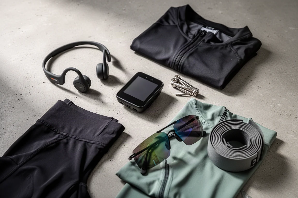 Flat-lay of value cycling gear including headphones, bike computer, bib shorts and sunglasses