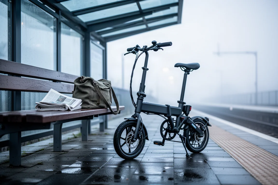Bicicleta eléctrica plegable aparcada junto a un banco del andén en la luz del amanecer