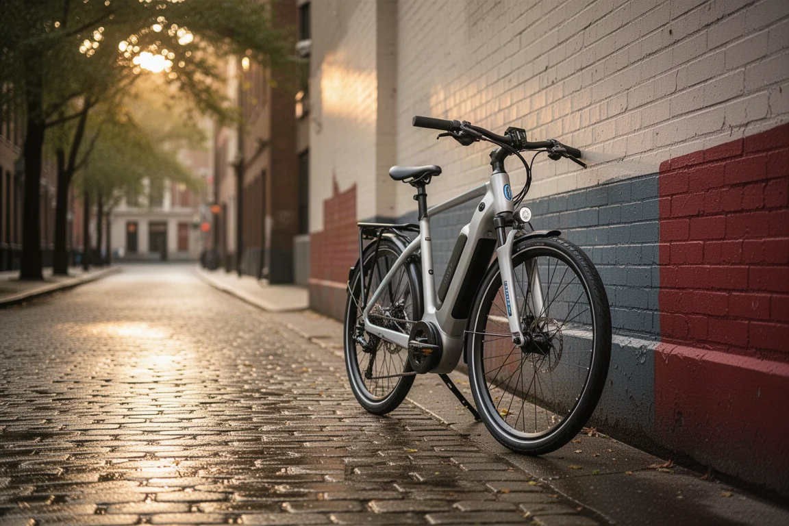 Bicicleta híbrida eléctrica urbana apoyada contra una pared de ladrillo en una calle tranquila a la hora dorada