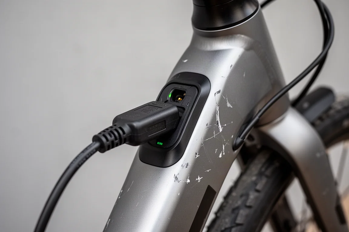 Primer plano de un cable de carga conectado al puerto de batería de una bicicleta eléctrica en el tubo diagonal