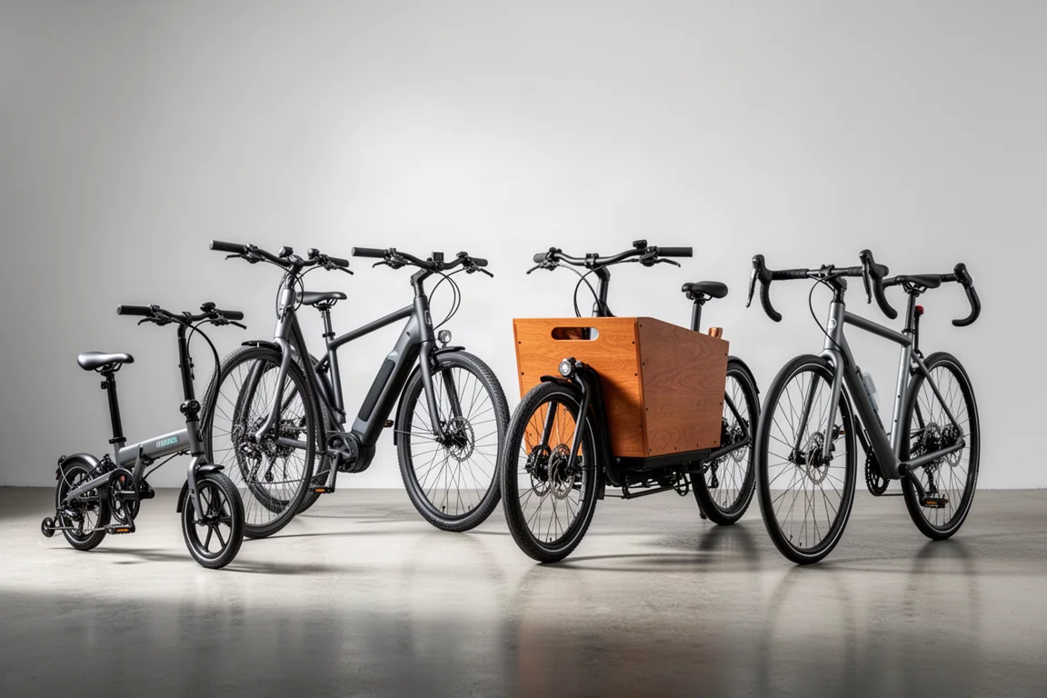 Vier elektrische fietsen, een vouwfiets, hybride, cargo en racefiets, op een rij op een betonnen vloer