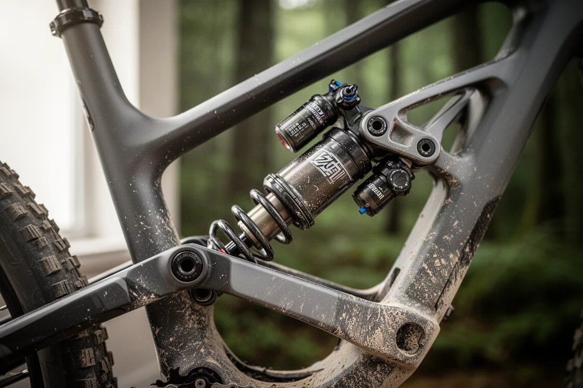 Primer plano de un amortiguador trasero de bici de montaña y bieletas de aluminio en un cuadro polvoriento