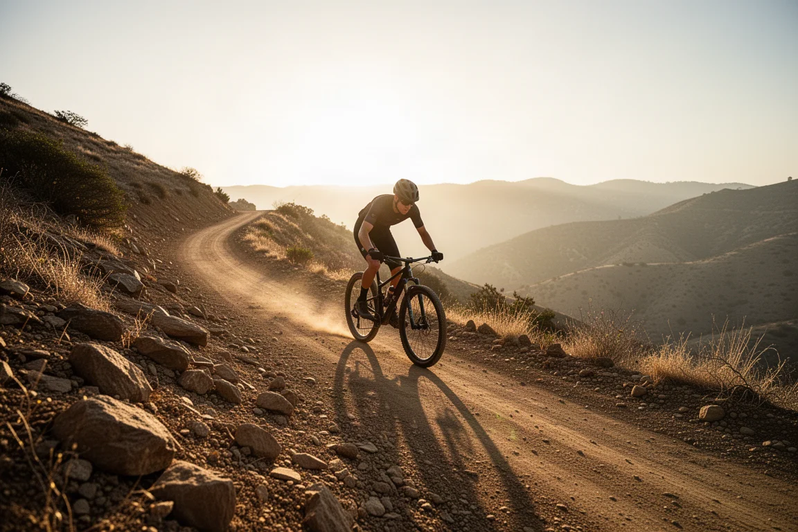 Ciclista de montaña subiendo un sendero rocoso empinado a la hora dorada