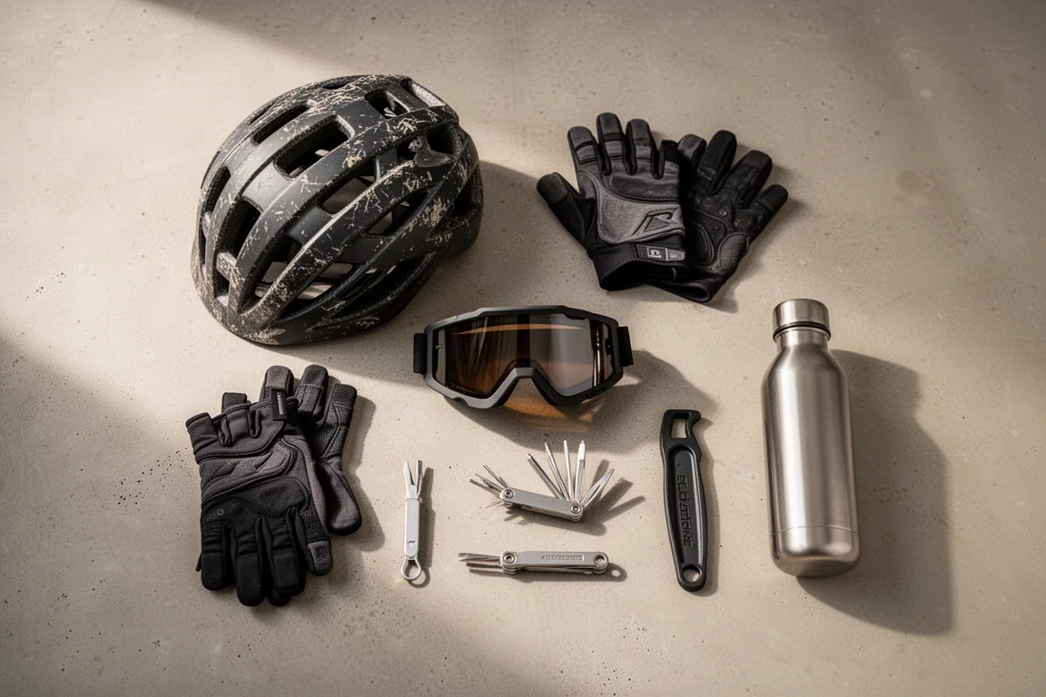 Vista cenital de un casco de trail, guantes, gafas, multiherramienta y bidón de agua