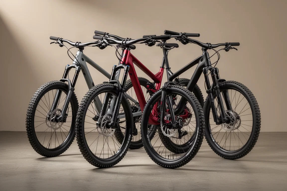 Tres bicis de montaña enduro de doble suspensión alineadas sobre una superficie de hormigón