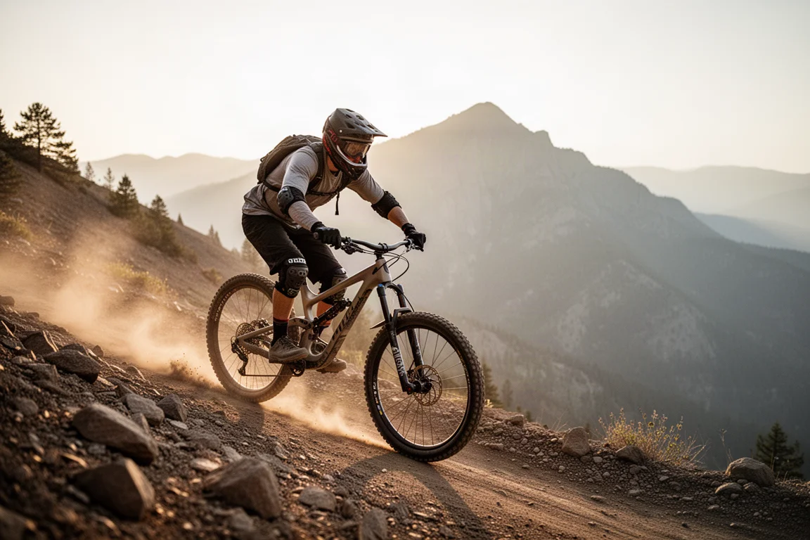 Rider che spinge una enduro mountain bike su una sterrata sassosa nell'ora d'oro