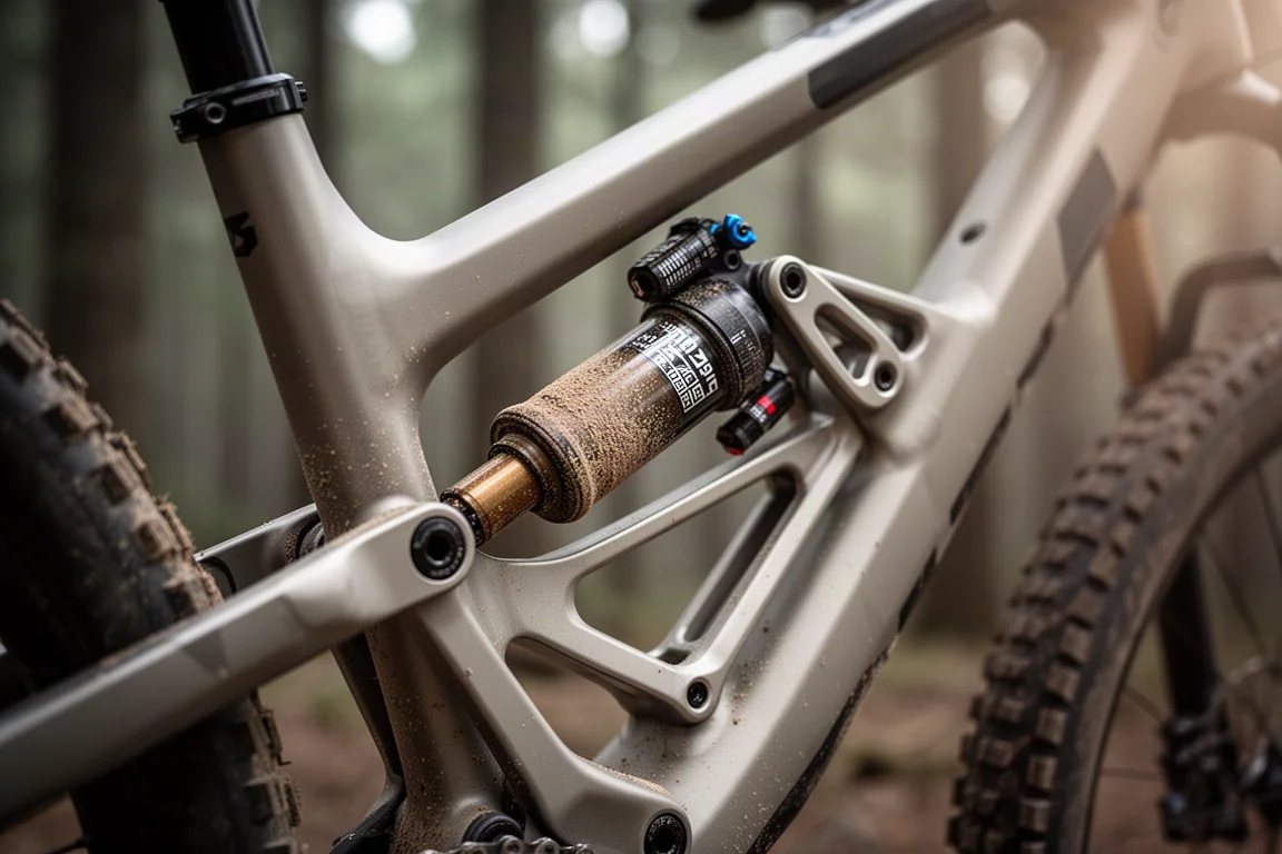 Primo piano di un ammortizzatore ad aria posteriore e del linkage su un telaio enduro in alluminio impolverato