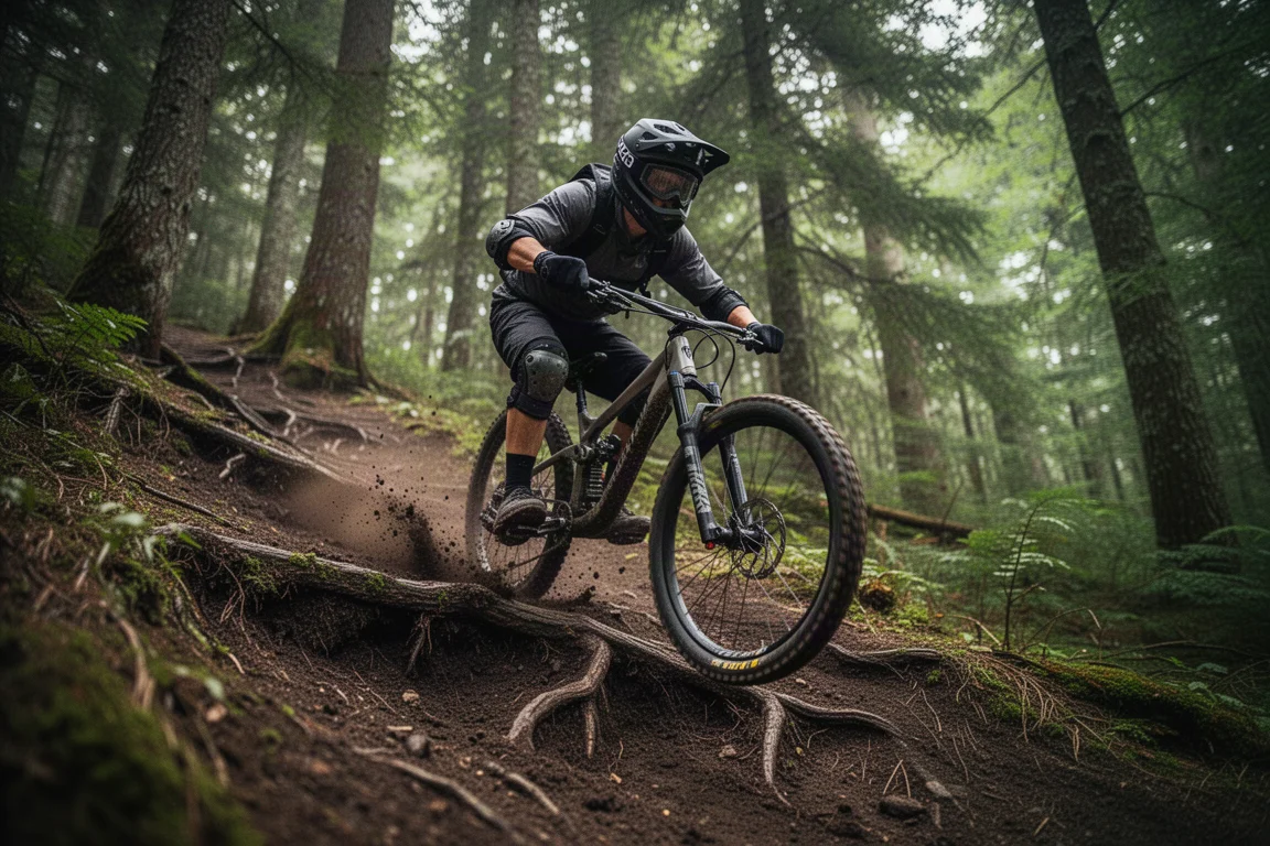 Mountain biker che scende un ripido canalone pieno di radici in una foresta umida