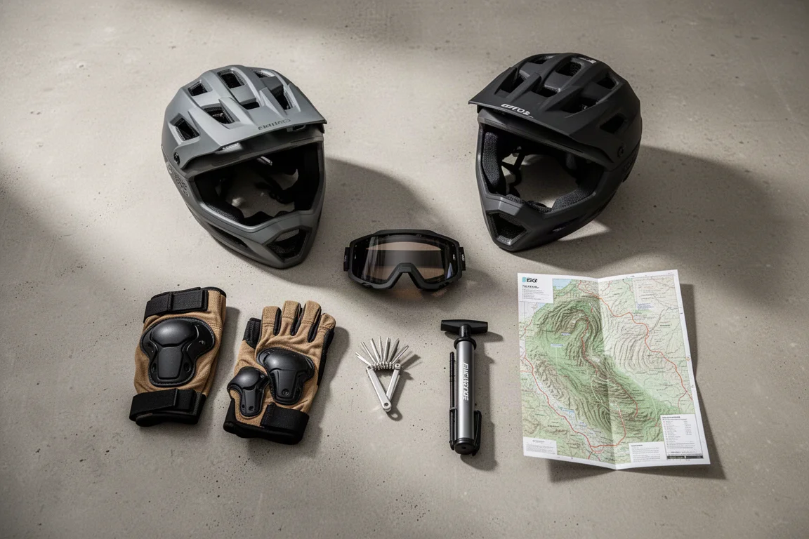 Flat-lay di abbigliamento da enduro su cemento, con casco, protezioni e attrezzi