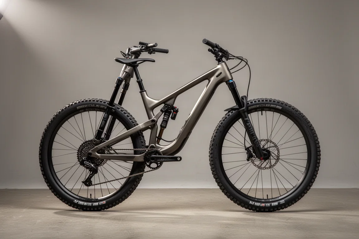 Fullfjädrad enduromountainbike i aluminium i profil på en betongyta
