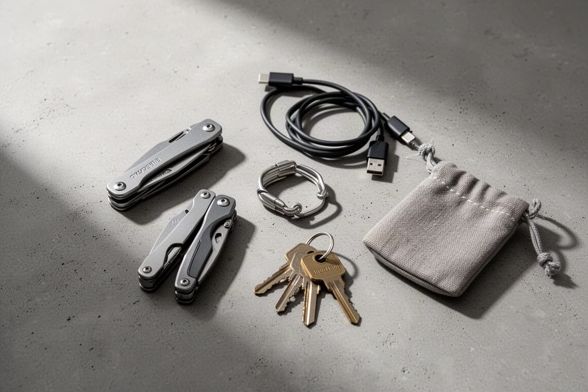 Everyday carry-gereedschappen uitgespreid op een betonnen ondergrond met zacht daglicht