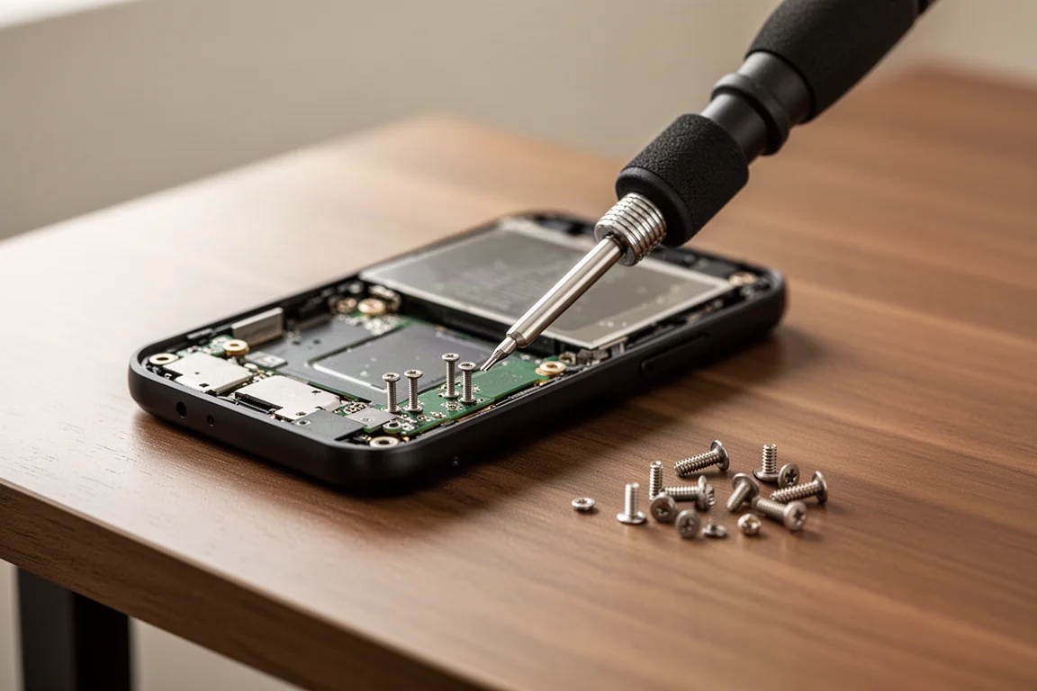 Handen die een klein elektronisch apparaat repareren met een precisieschroevendraaier op een bureau