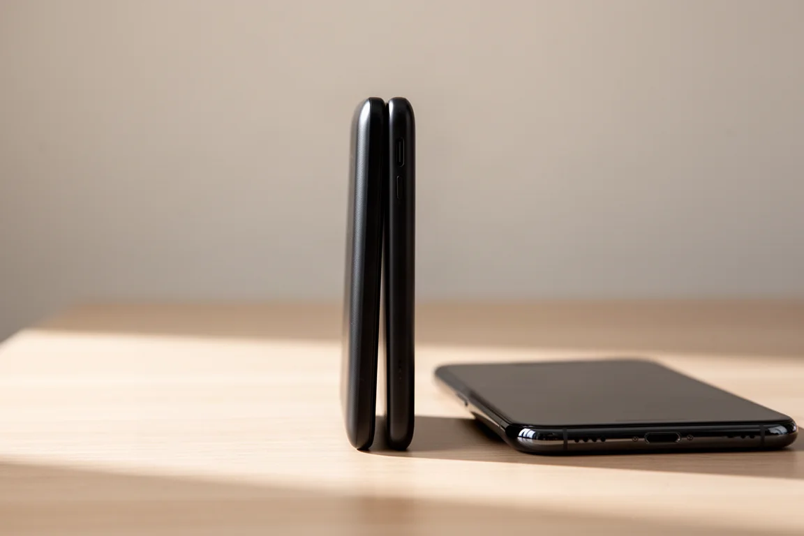 Zeer slanke powerbank staand op zijn smalle zijde op een bureau
