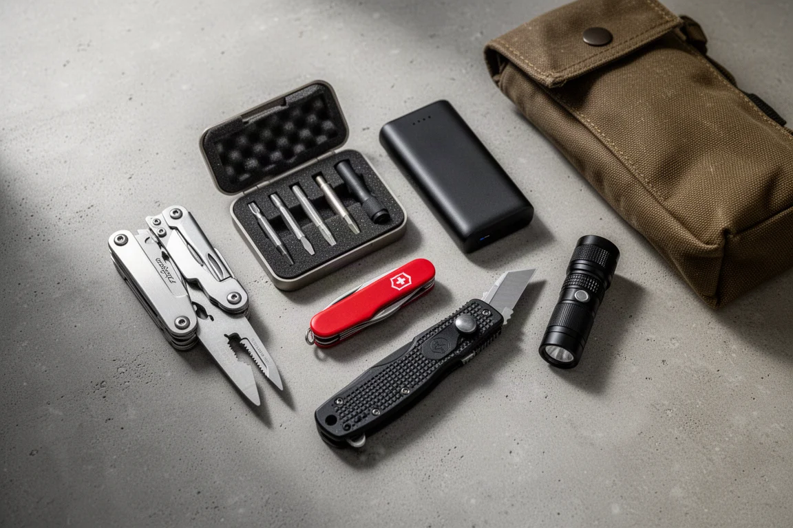 Everyday carry-gereedschappen en accessoires gerangschikt op een betonnen ondergrond