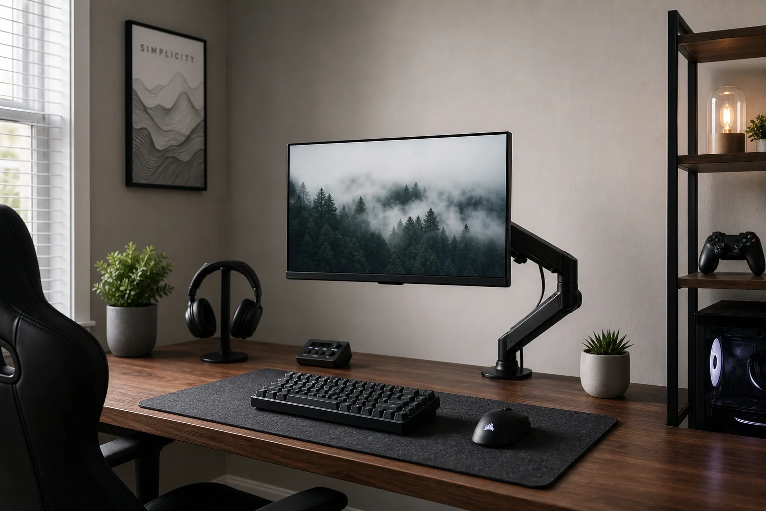 Gamer seduto a una scrivania con un monitor compatto da 24 pollici in una postazione da gioco