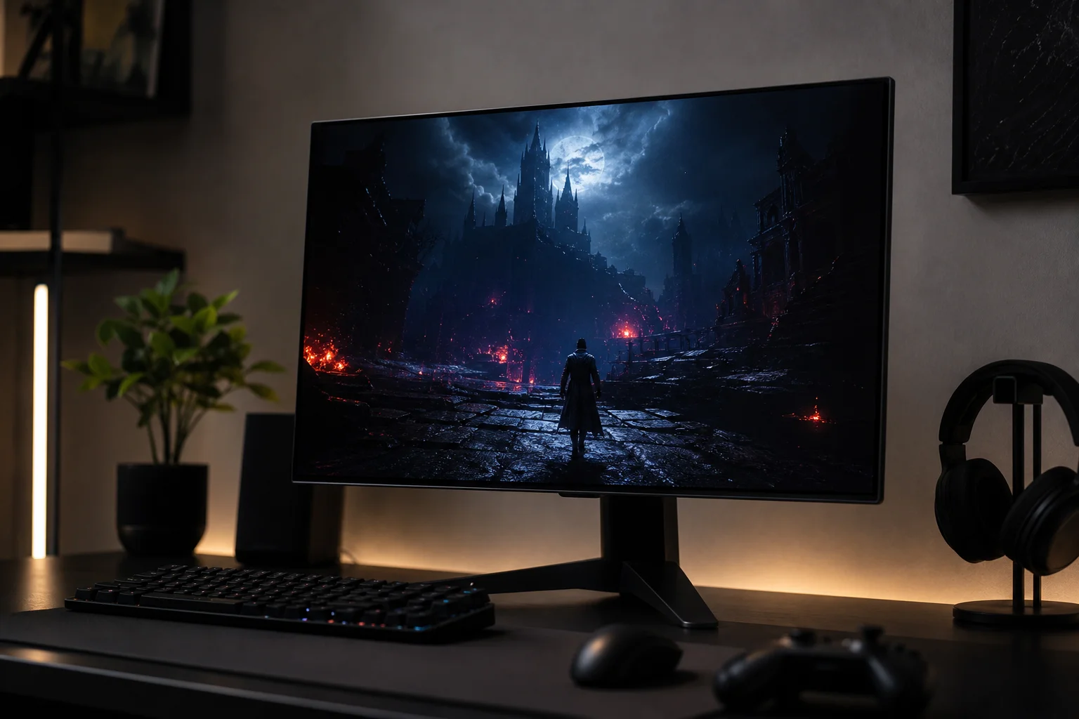 Monitor OLED che mostra neri profondi e colori vivaci in una stanza buia