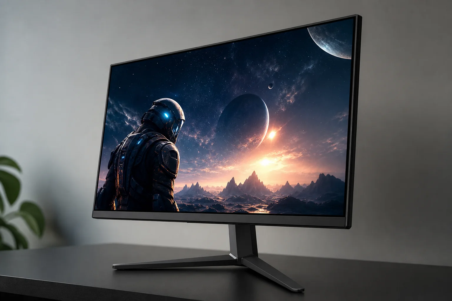 Monitor da gaming di fascia alta con finitura lucida che riflette la luce ambientale