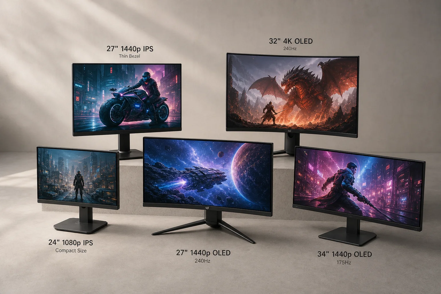 Fem spelmonitorer uppställda på betong som visar 1440p IPS- och OLED-skärmar