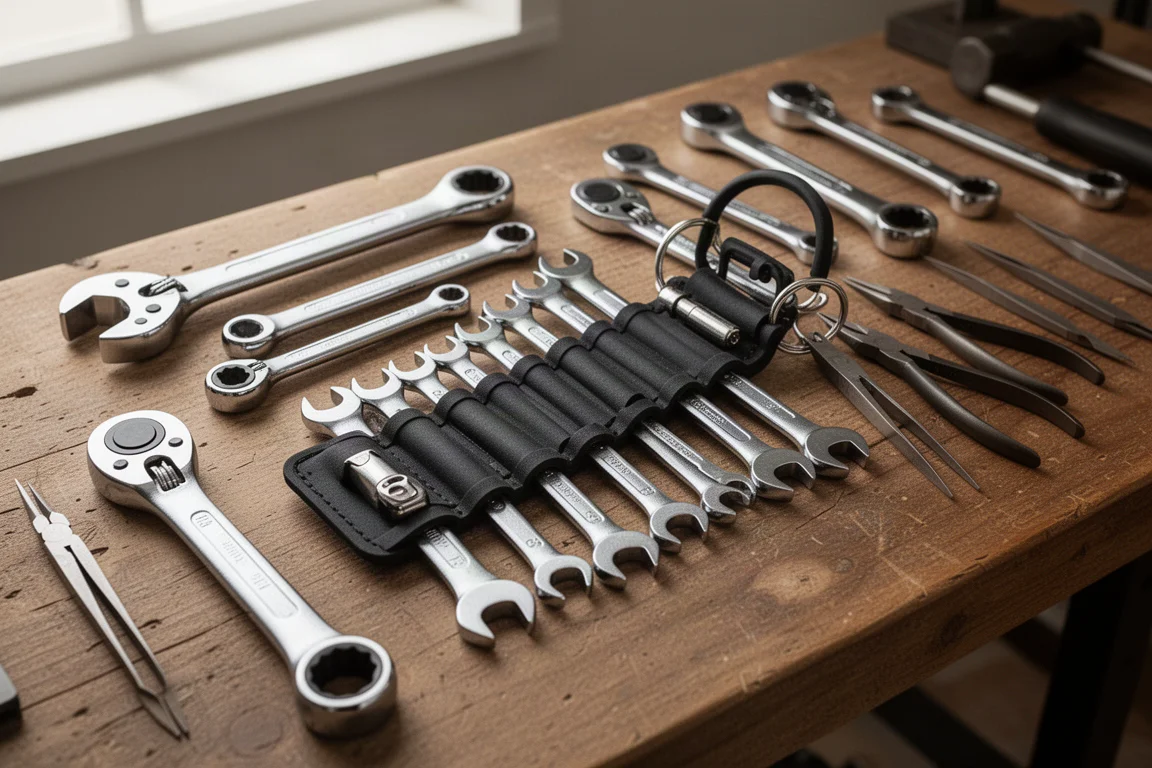 Workbench covered with a spread of hand tools ready for comparison
