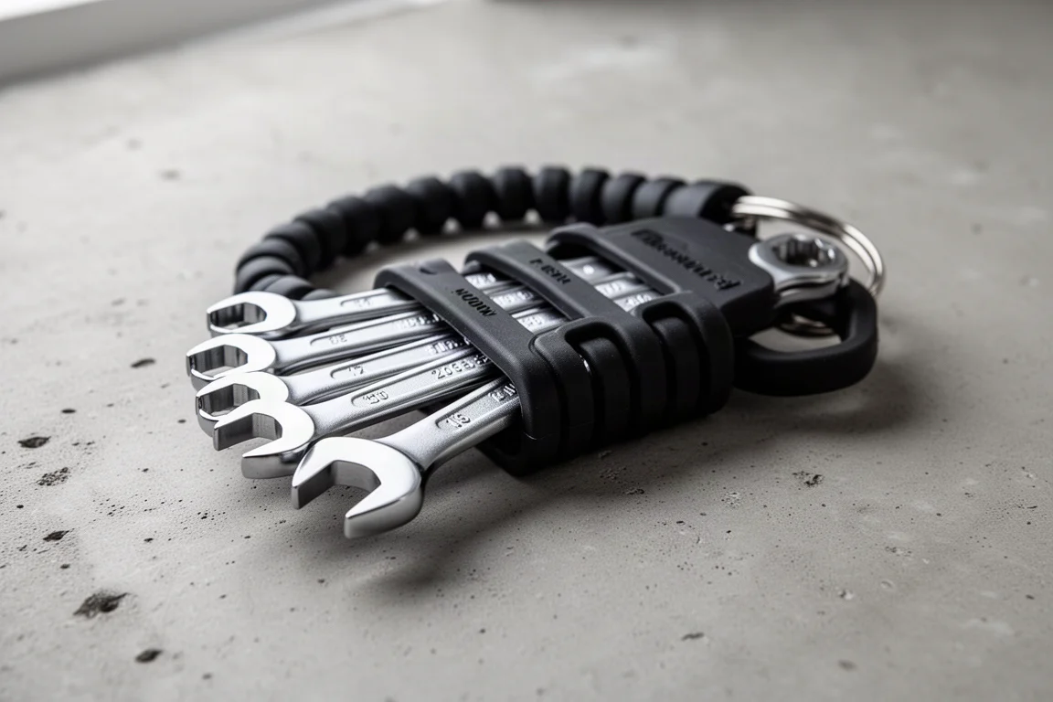 Combination wrenches arranged in a flexible keychain socket organizer