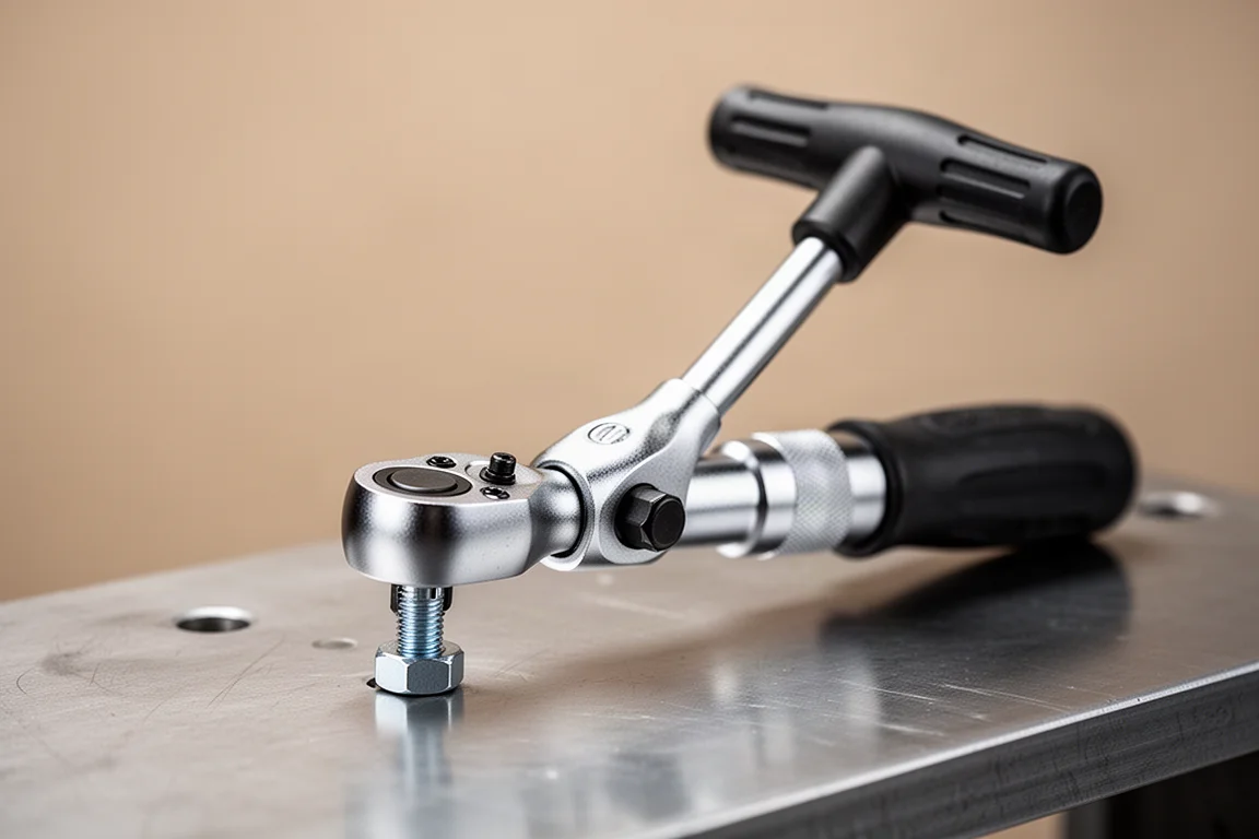 Ratchet head locked straight in nut driver position on a bolt