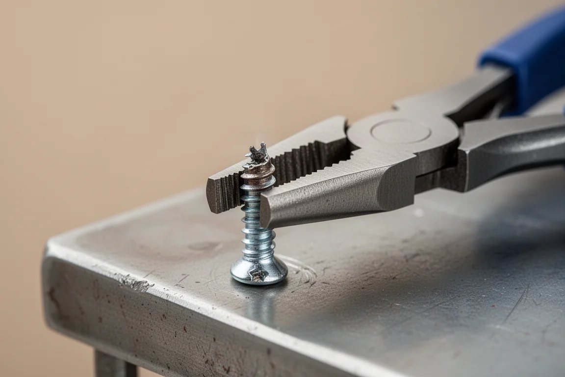 Extraction pliers gripping the head of a damaged screw