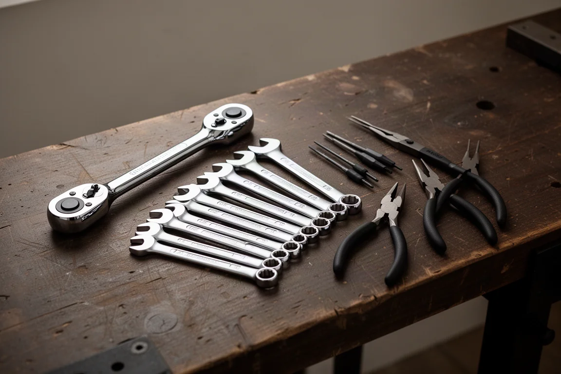 Ratchet, wrenches, and precision pliers arranged on a wooden workbench
