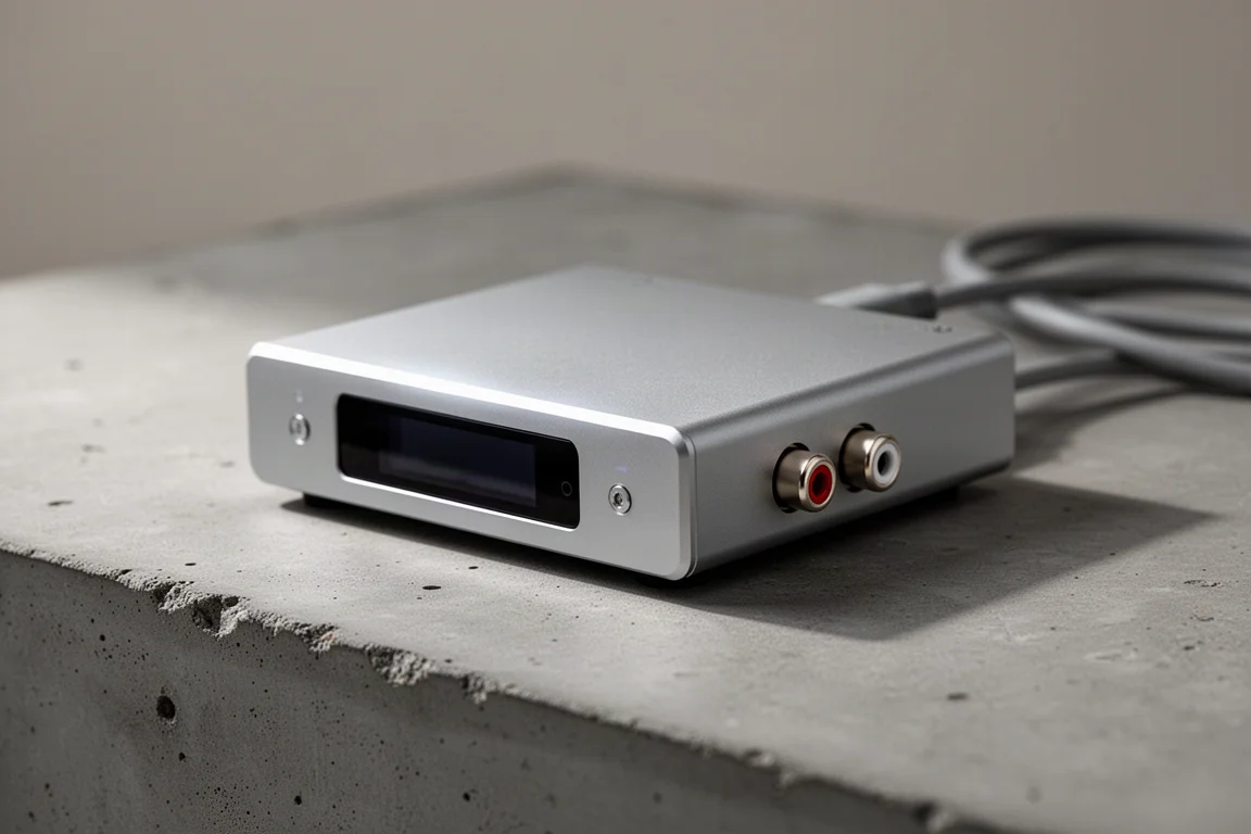 混凝土表面上的小巧桌面 DAC,一條捲曲的線材延伸出畫面之外