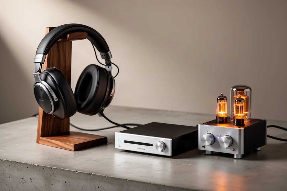 Desktop headphone setup with over-ear headphones, a compact DAC and a glowing tube amplifier