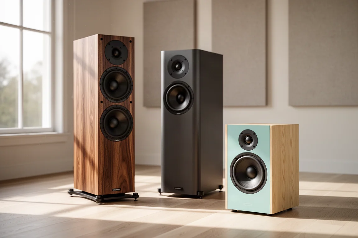 Three pairs of hi-fi loudspeakers arranged in a bright listening room with pale oak flooring