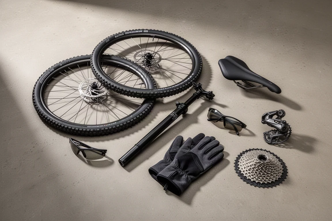 Flat-lay of value mountain bike components on a concrete surface