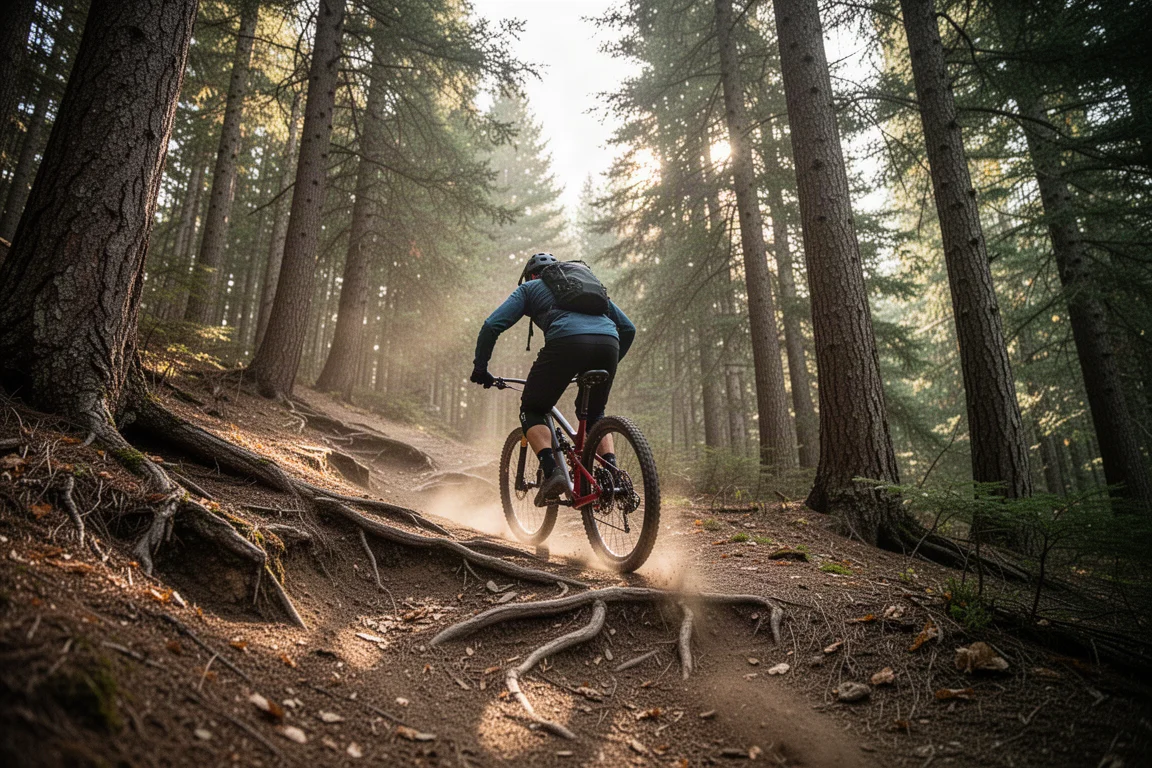 Mountainbiker som klättrar uppför en brant, rotfylld skogsstig i mjukt eftermiddagsljus