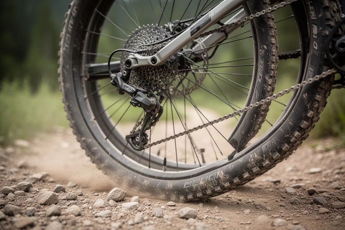 Närbild på bakhjul och drivlina på en trailcykel på lös grusig singletrack