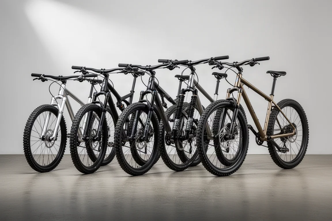 Fem mountainbikes uppradade på ett betonggolv mot en neutral grå bakgrund