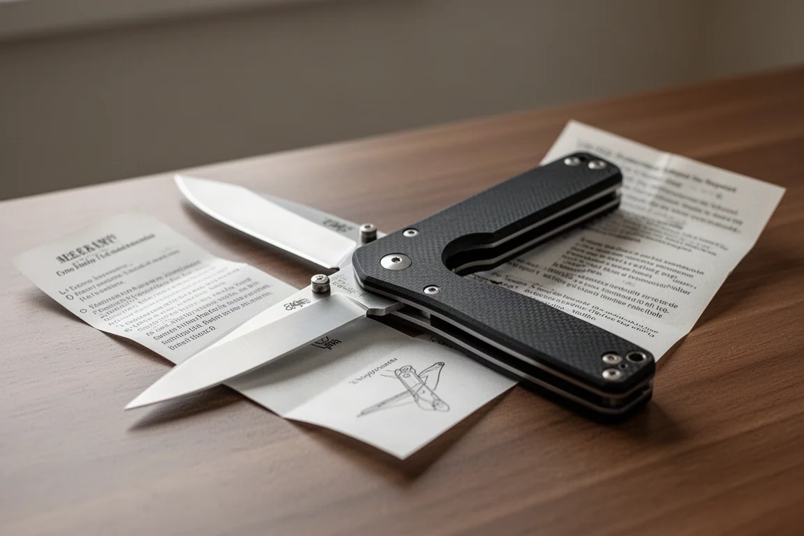 Compact folding pocket knife open on a wooden desk beside a folded instruction leaflet