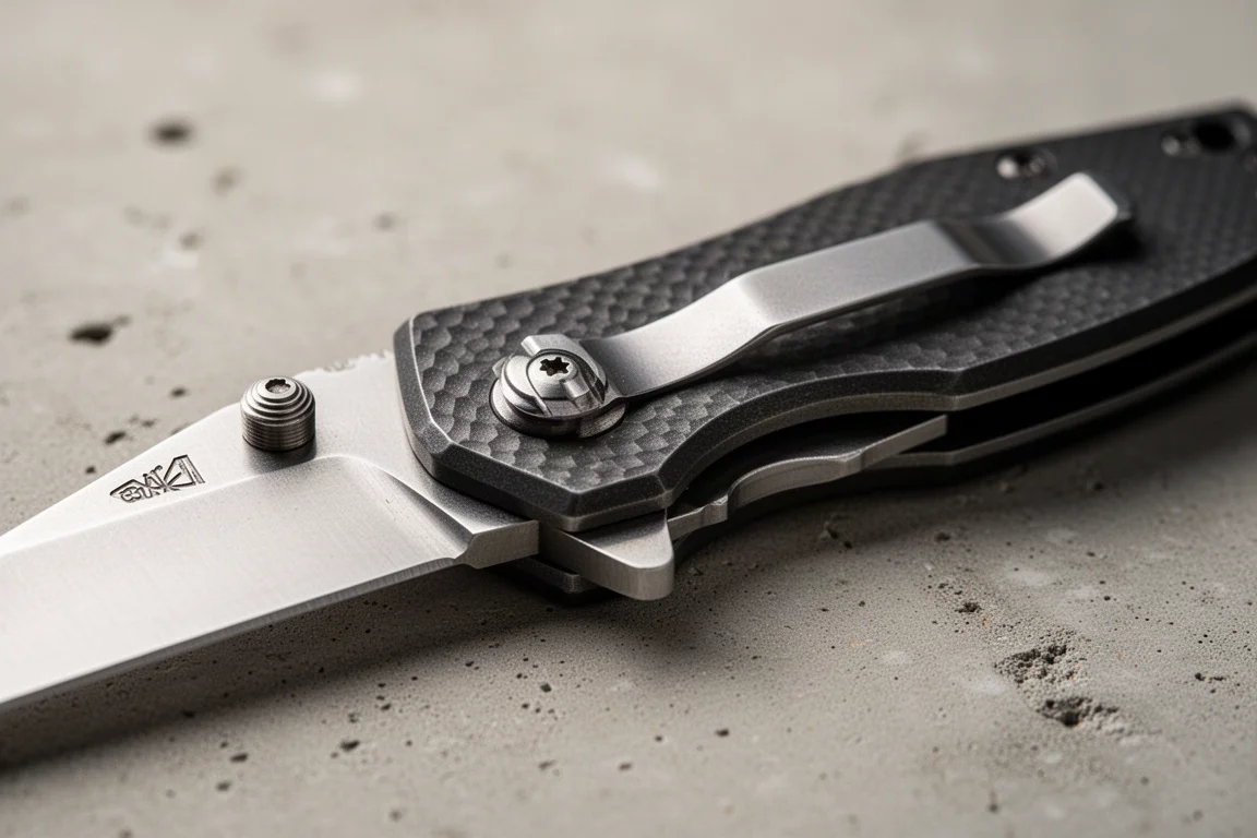 Close-up of a flipper tab and liner lock mechanism on a folding knife