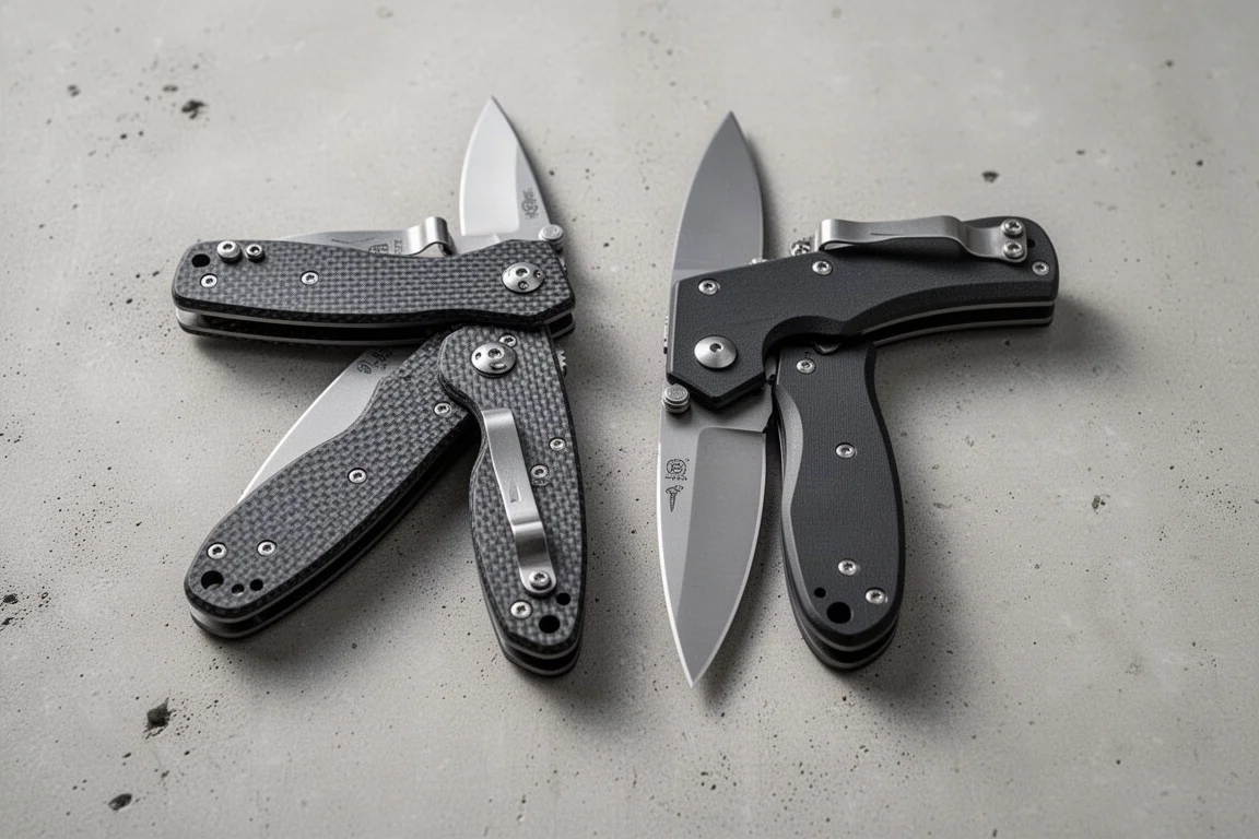 Two folding knives of similar size lying side by side on concrete for comparison