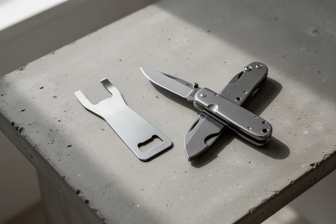 Simple folding knife with a pry tool card and small multi-tool accessory on a table