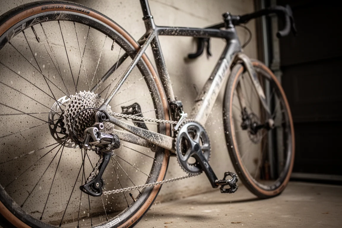 Viel genutztes Rennrad in einer Garage mit scharf fokussiertem Schaltwerk im Vordergrund